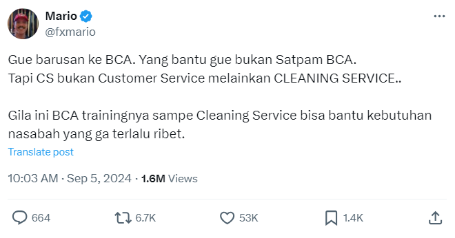 Cuitan salah satu netizen soal keramahan BCA di X